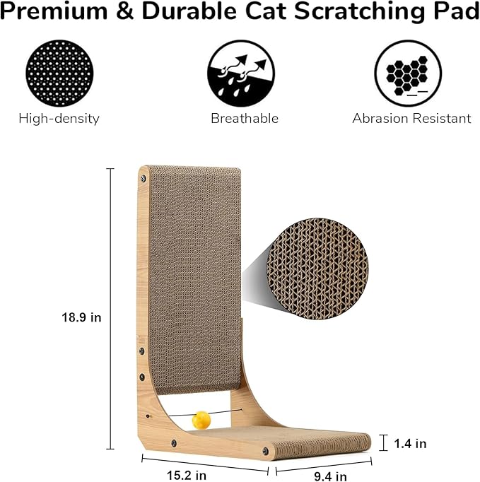 FUKUMARU Cat Scratcher, 18.9 Inch L Shape Cat Scratch Pad, Vertical Cat Scratcher Wall Mounted, Cat Scratching Cardboard with Ball Toy for Indoor Cats