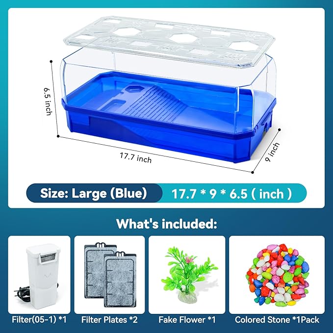 Aquatic Turtle Tank Habitat Kit Stone+Filter+Heat Lamp Enhancing Interaction with 360° Viewing, Standalone Filtration, DIY Creative Zone, Enriched Living (Blue, L[Without Light])