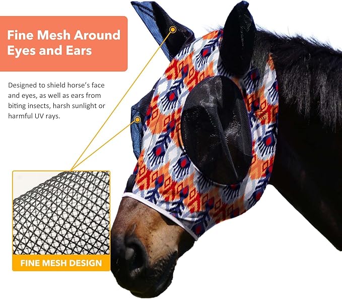 Harrison Howard Super Comfort Stretchy Fly Mask Large Eye Space with UV Protection Soft on Skin with Breathability Tribe Feather Full Size