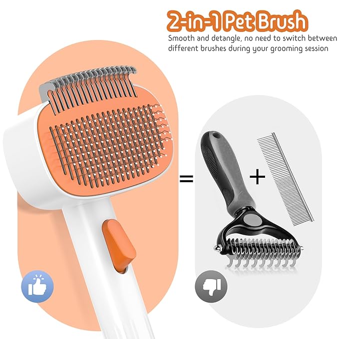 Self Cleaning Slicker Brush, 2-in-1 Cat Brush for Shedding, Skin Friendly Grooming Tool for Long & Medium-Long Hair Pets, Adjustable Bristle Length with Dematting Comb for Cats, Dogs (Orange)
