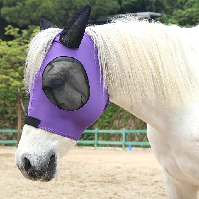 Horse Fly Mask with Ears - Large Eye Space for Full Vision, Breathable Stretch Comfort Fit, UV Protection, Forelock Opening, Easy Pull-On Violet Full