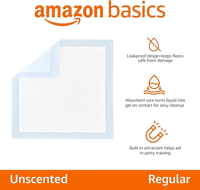 Amazon Basics Dog and Puppy Pee Pads, 5-Layer Leak-Proof Super Absorbent, Quick-Dry Surface, Potty Training, Regular (22x22"), 150 Count, Blue & White