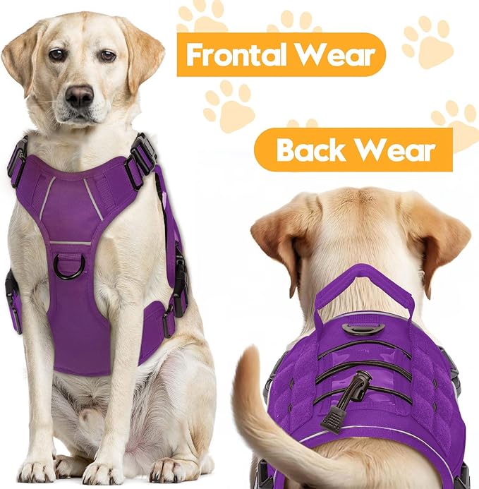Heavy-Duty Tactical Dog Harness for Large Dogs, No Pull Adjustable Reflective Pet Vest with Molle System, K9 Military-Grade Control for Service Training, Outdoor & 10+ Breeds, Purple, Small