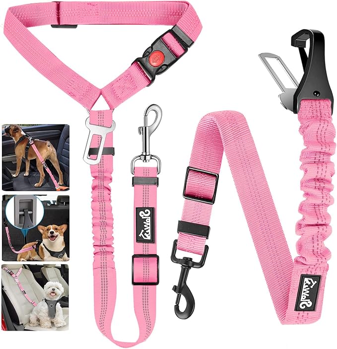 Lukovee Dog Seatbelt Leash for Cars, 2 Pack Pet Safety Seat Belt with Adjustable Buckle & Reflective Bungee, Connect Dog Harness in Vehicle Dogs Restraint Travel Daily Use (Pink)