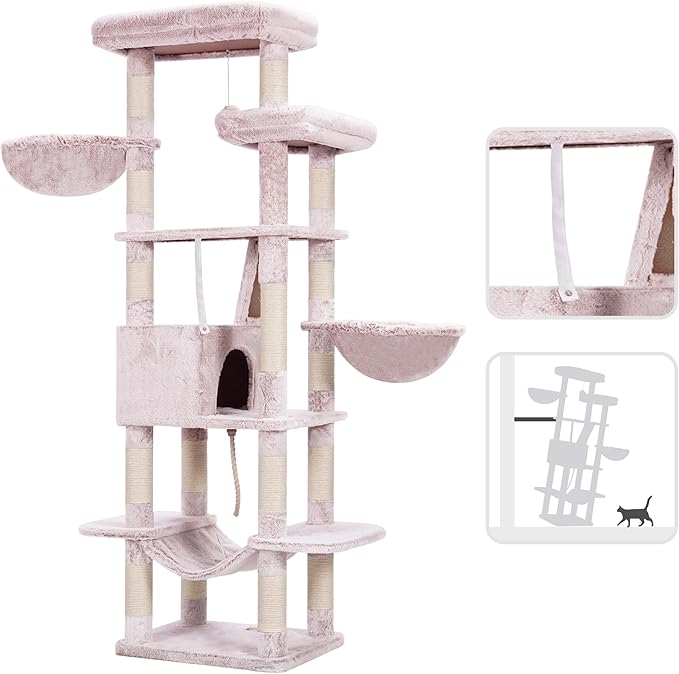 Heybly Cat Tree, 68 inch Multi-Level Cat Tower for Indoor Cats, 2 Widened Plush Perches Cat Condo with Scratching Board and Big Caves, Muchroom HCT025MU