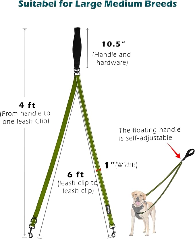 PetBonus Two Point Control Dog Leash, Works with No Pull Harnesses, No Tangle Dog Training Leashes, No Pull Padded and Reflective Walking Lead, Converts to Single Leash for Large Dogs (Khaki Green)