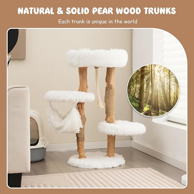 Tangkula Cat Tree Tower, Solid Wood Modern Cat Tower with Cozy Top Perch, 2 Platforms & 1 Hammock, Natural Branch Cute Cat Tree with Scratching Posts & Sisal Rope for Indoor Cats