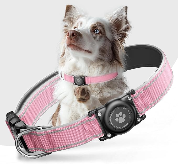 Airtag Dog Collar - 100% Waterproof Air tag Dog Collar Holder for Apple AirTag, Reflective, Soft Padded, Everlasting, GPS Dogs Collar for Small Medium Large Dogs (Pink, M)