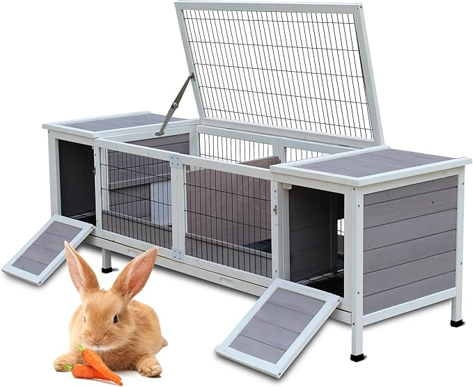 Rabbit Hutch Indoor Leakproof Bunny Cage Fir WoodenOutdoor Bunny House with Wire Floor Leakproof Plastic Tray (Grey)