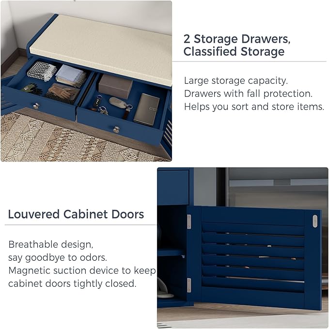 Shoe Storage Bench with 2 Drawers & 2 Doors, Entryway Bench with Cushion, 2 Adjustable Shelves, Shoe Cabinet for Entryway, Living Room, Hallway, Mudroom, Bedroom, Blue
