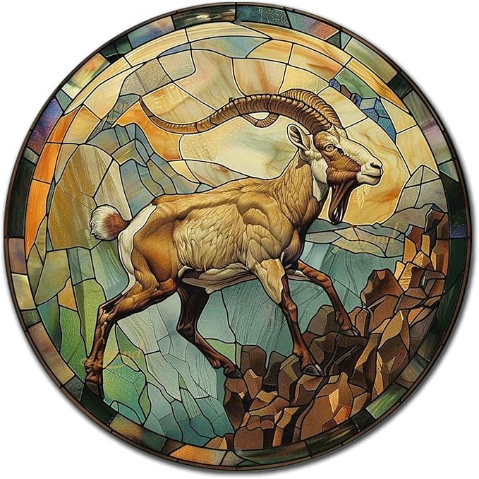 Lygond Metal Sign Tin Sign Circular Stained Glass Mountain Goat Wall Art for Bar 12×12 Inches