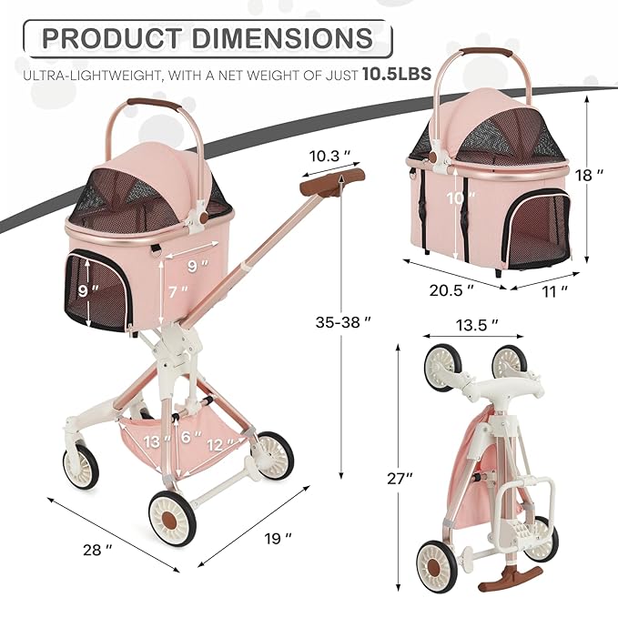 MoNiBloom 3 in 1 Pet Stroller with Adjustable Handle, Jogging Stroller w/Detachable Carrier & Lightweight Aluminum Frame for Dogs Cats, Soft Pink