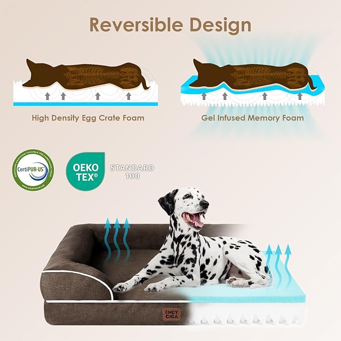 EHEYCIGA Orthopedic Dog Beds for Large Dogs, Waterproof Memory Foam Large Dog Bed with Sides, Non-Slip Bottom and Egg-Crate Foam Pet Couch Bed with Washable Removable Cover, Brown
