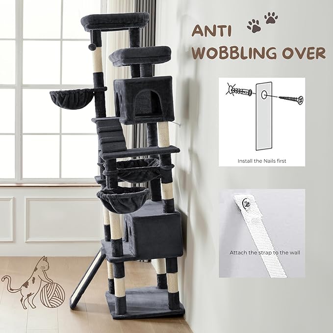 Cat Tree, 80-Inch Large Cat Tower with 9 Scratching Posts, 2 Perches, 2 Caves, 2 Basket, 2 Stairs, Extra Large Hammock, Pompoms, Multi-Level Plush Cat Condo for Indoor Cats/Smoky Grey