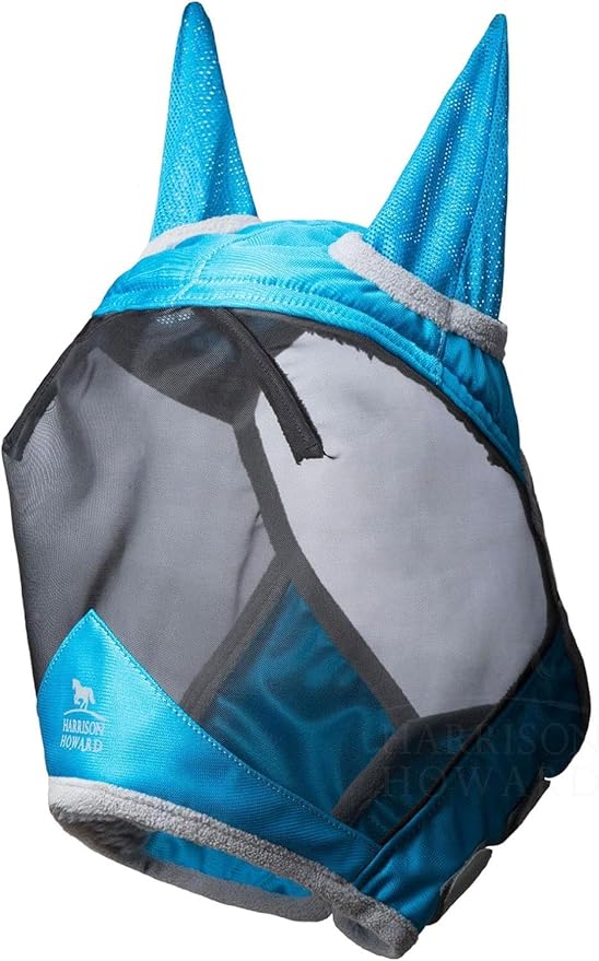 Harrison Howard CareMaster Pro Luminous Horse Fly Mask Large Eye Space Standard with Ears UV Protection for Horse Sky Blue M Cob
