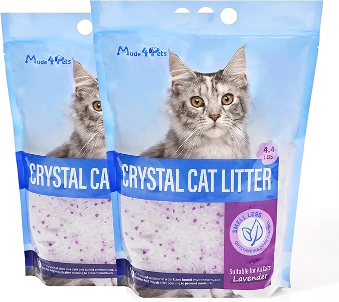 Made4Pets Cat Litter Crystals, Non Clumping Cat Litter Odor Control Kitty Litter Non Clumping No scooping Low Dust, Low Tracking, Lightweight, Dehydrates Waste, Lavender – 8.6 lbs (2 x 4.3 lb Packs)