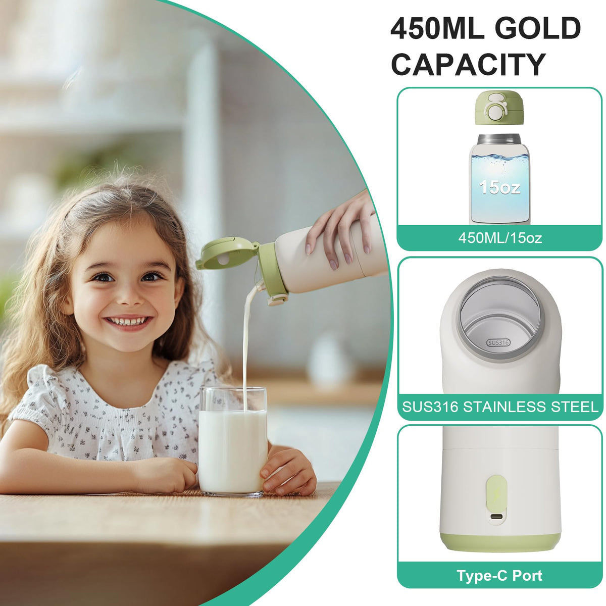 Portable Bottle Warmer for Travel,12.5oz Cordless Baby Milk Warmer on The go for Formula,Breastmilk,Water,3 Mins Fast Heating & Precise Temp Control Travel Essential