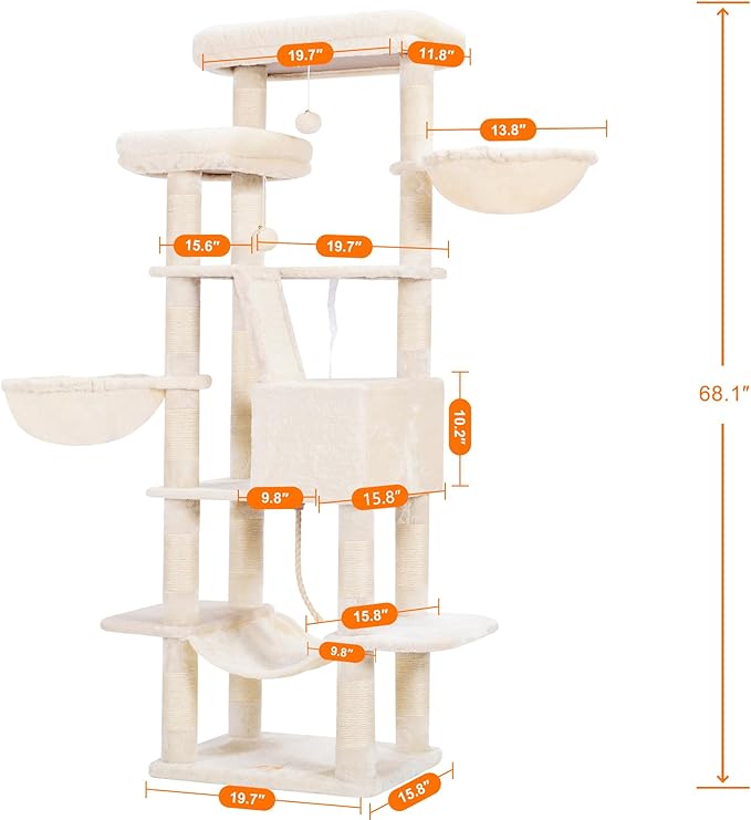 Heybly Cat Tree, 68 inch Multi-Level Cat Tower for Indoor Cats, 2 Widened Plush Perches Cat Condo with Scratching Board and Big Caves, Beige HCT025M