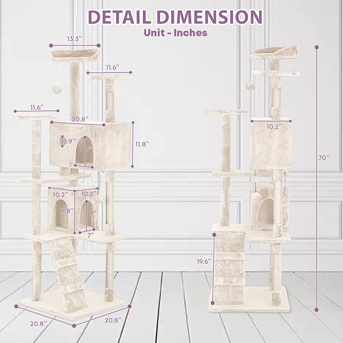 70 Inches Cat Tower for Indoor Cats Multi-Level Cat Condos XL Cat Tree Climbing Tower with Scratching Posts, Hanging Toys, Beige