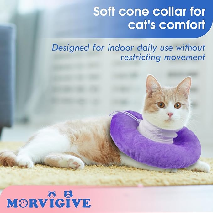 Adjustable Cat Neck Cone, Comfortable Elizabethan Recovery Collar After Surgery to Prevent Licking Wound, Ideal for Skin Disease, Deworming, Protective Pet Cone, Purple Medium