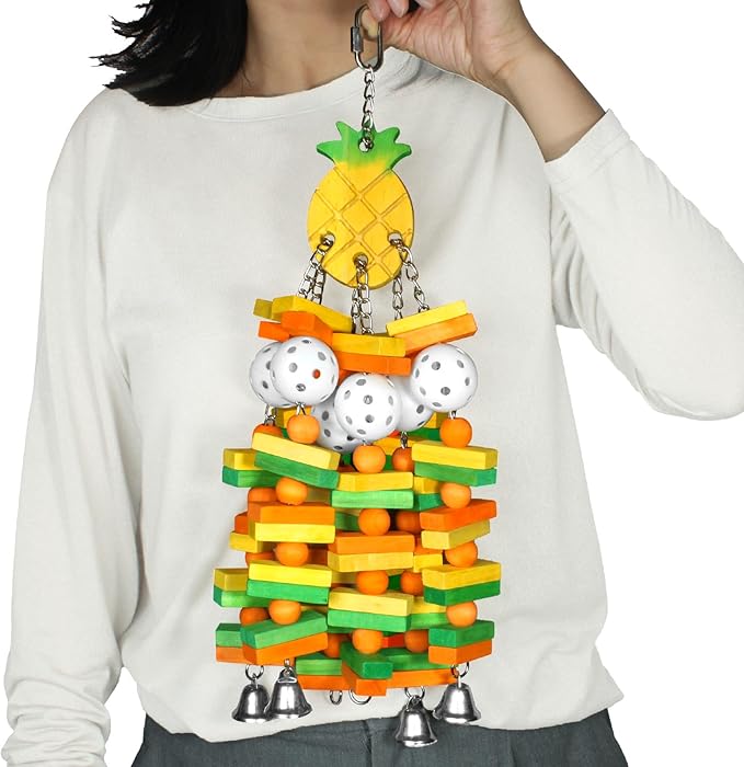 Large Wooden Bird Toys for Parrots, Cockatoos, Cockatiels, and Parakeets, Safe and Durable Shredding Cage Toy for Engaging Play Things (Pineapple)