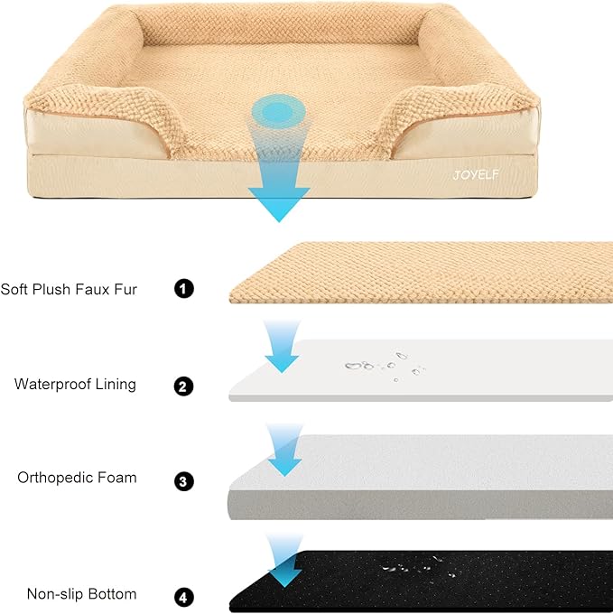 JOYELF Orthopedic Dog Bed for Extra Large Dogs, Foam Sofa Couch Bed, Waterproof with Removable Washable Cover and Nonskid Bottom, Durable - Khaki