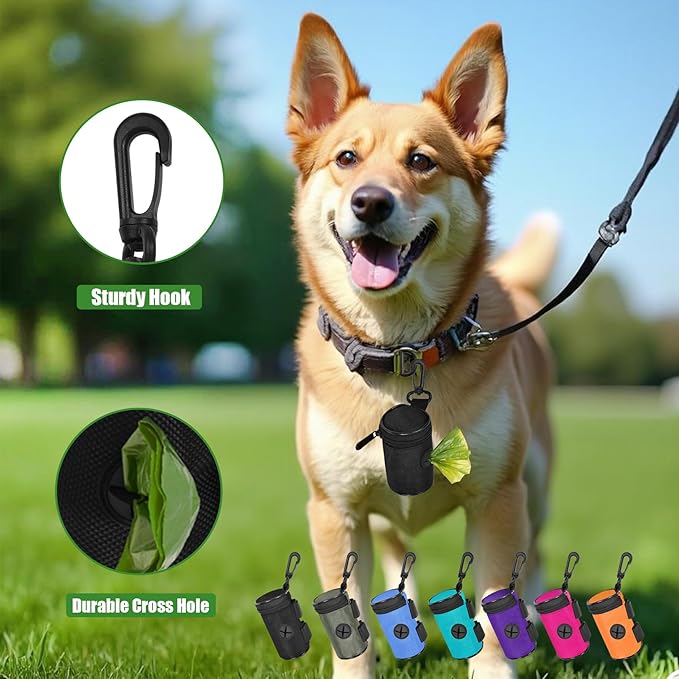 Dog Poop Bag Holder for Leash Attachment - Waste Bag Dispenser for Leash - Fits Any Dog Leash - Portable Set with Hand Free Holder Metal Carrier, Black Round Shape