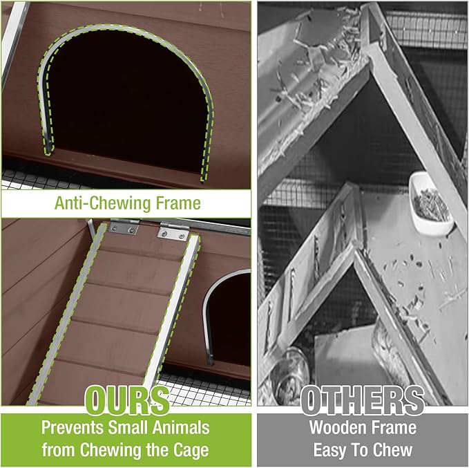 GUTINNEEN Rabbit Hutch Bunny House, 36.6" L Rabbit Cage with Anti Chewing Ramp, Guinea Pig Cage with Cooling Galvanized Sheet, Detachable Legs(Brown)