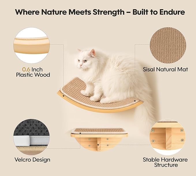 Curved Cat Wall Hammock with Scratchable Sisal Pad, Large Floating Cat Shelf for Wall, Wall Mounted Beige Bed for Playing, Climbing, and Sleeping