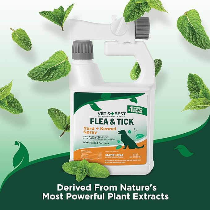 Vet's Best Flea and Tick Yard & Kennel Spray, Dog Flea Spray that Kills Fleas, Mosquitoes, & Ticks, Plant-Based Ingredients, Plant Safe Ready-to-Use Hose Attachment, 32 fl oz