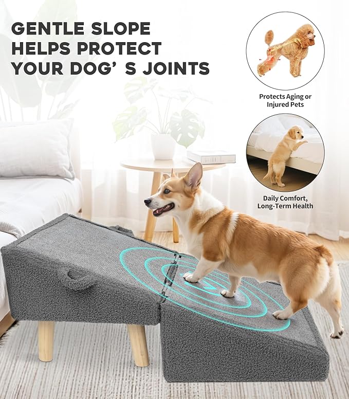 Dog Stairs for Small Dogs and Cats – 2-in-1 Dog Ramp for Bed and Couch, 16.5'' Foldable Wooden Pet Steps, Sturdy Multi-Use Split Ottoman Design, Dark Grey