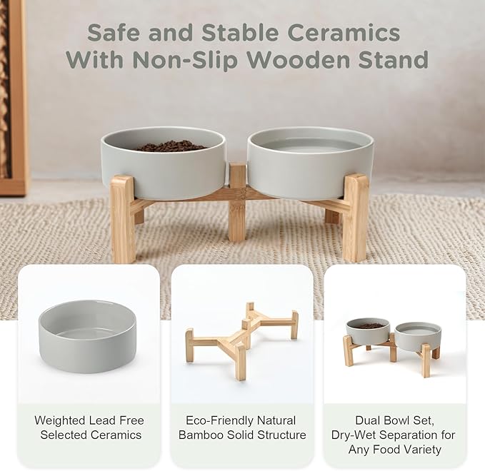 SPUNKYJUNKY Elevated Dog Bowls Ceramic, 5.1'' Dogs and Cat Food Water Bowls Raised with Non-Slip Bamboo Stand for Puppy Small Sized Breed Microwave Dishwasher Safe - 13.5 OZ,Grey