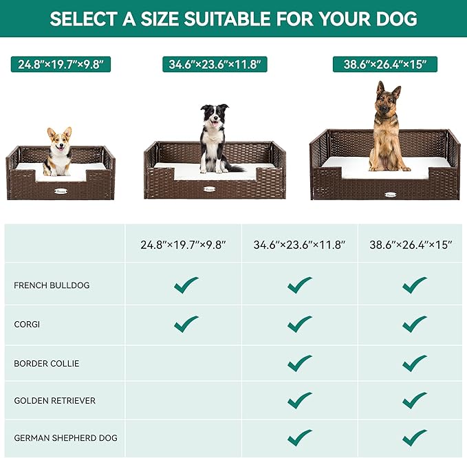 YITAHOME Rattan Dog Sofa Bed with Cushion, Wicker Pet Bed Sofa Couch Indoor Outdoor Waterproof for Large Medium Small Dogs Cats (34.6''L*23.6''W*11.8''H,Beige)