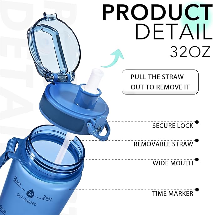 32oz Motivational Water Bottles with Time Marker & Fruit Strainer, Transparent Gradient Color Water Bottle with Times to Drink, Leakproof & BPA Free, Reusable Bottle with Strap (No Straw)