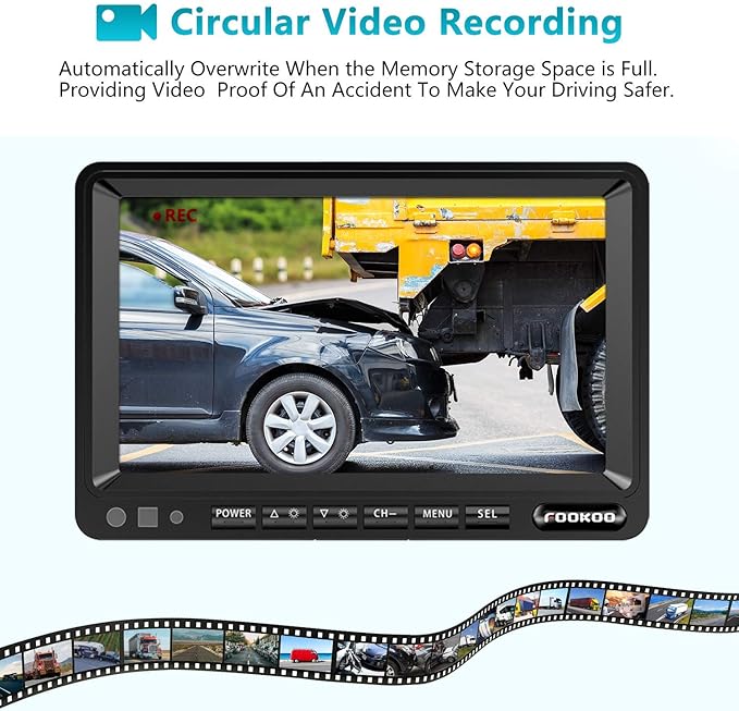 Fookoo Ⅱ 7" HD 1080P Wired Backup Camera System, 7-inch Dual Split Screen Monitor W/Recording IP69 Waterproof Front View Rear View Camera Parking Lines for Truck/Trailer/RV/Skid Steer (FHD2)