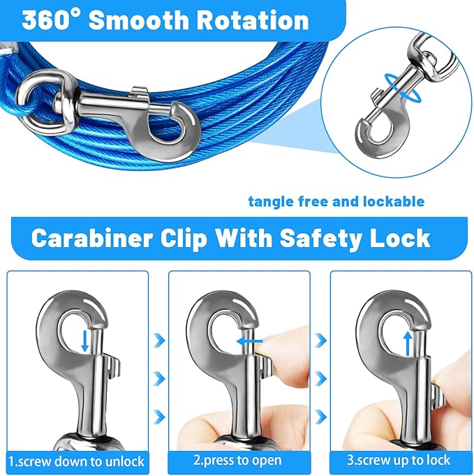 10/15/20/25/30 FT Dog Tie Out Cable - Steel Wire Dog Runner with Durable Clips for Outside Lead - Blue - Up to 165 lbs
