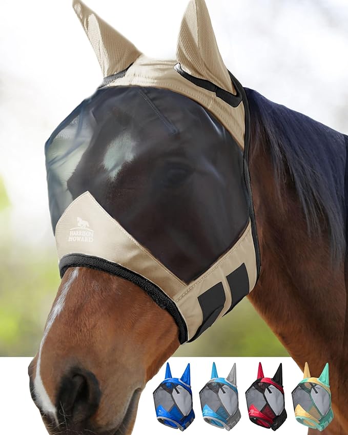 Harrison Howard Pro Luminous Horse Fly Mask Standard with Ears UV Protection for Horse Light Champagne Large Full Size