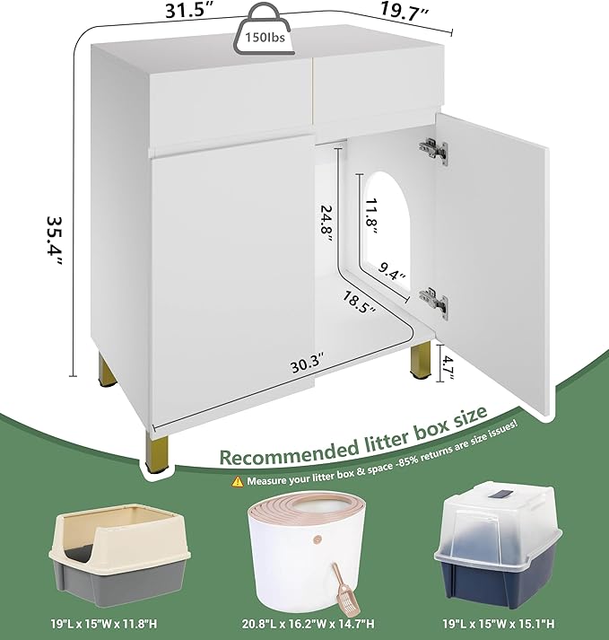 Large/Tall Litter Box Enclosure, Modern Wooden Litter Box Furniture for XL Litterbox with Drawer as Sideboard Cabinet (White)