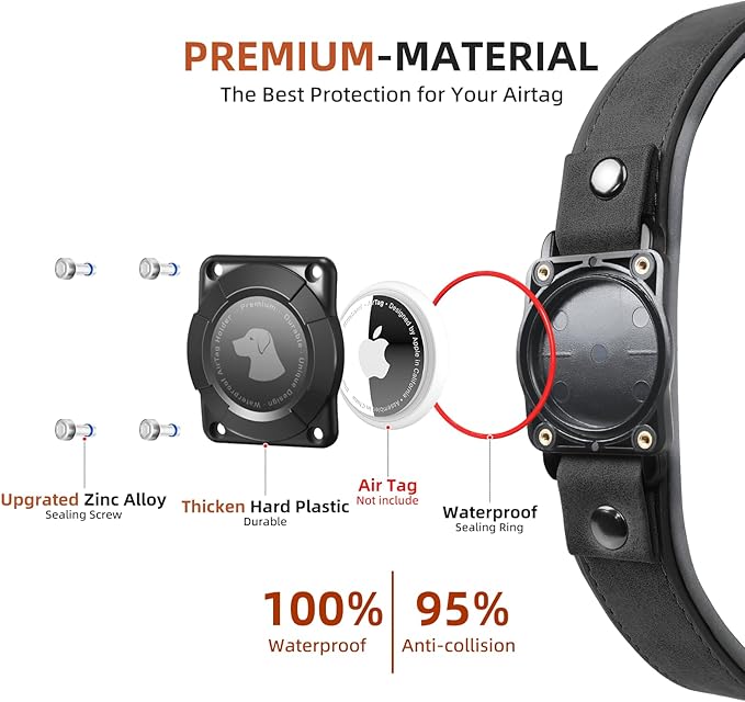 AirTag Dog Collar - Leather Dog Collar with Air Tag Holder | IPX8 Waterproof, Reflective, High - End, Adjustable Soft Padded | Dog GPS Tracker Collars Fit for Medium Large Dogs (Black, L)