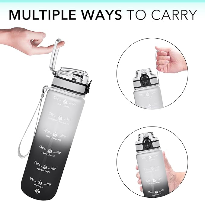32oz Motivational Water Bottles with Time Marker & Fruit Strainer, Transparent Gradient Color Water Bottle with Times to Drink, Leakproof & BPA Free, Reusable Bottle with Strap (No Straw)
