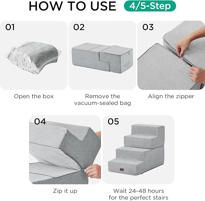 Made4Pets Dog Stairs for High Bed, Extra Wide Pet Stairs for Bed Couch Sofa, 35D Foam Pet Steps for Small Dogs and Cats, Non-Slip Bottom Dog Steps, Light Grey, 5 Steps