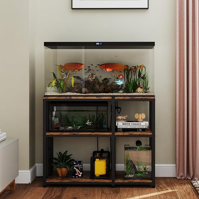 Reinforced 40-50 Gallon Aquarium Stand with Power Outlet | Ultra-Stable 750LBS Capacity Metal Fish Tank Stand for Reptile/Aquatic Setups, 5-Tier Adjustable 37"x19" Steel Shelving System
