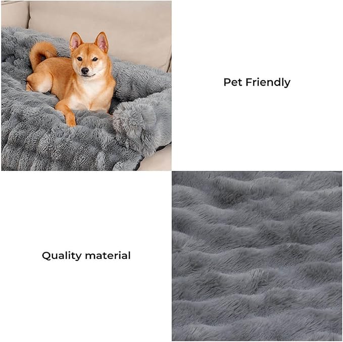 FUNNY FUZZY Pet Fluffy Fuzzy Calming Dog Couch Bed Sofa Protector Washable Pets Mat for Large Medium Small Dogs and Cats (Grey,37.4 × 33.46 × 6.3 in)