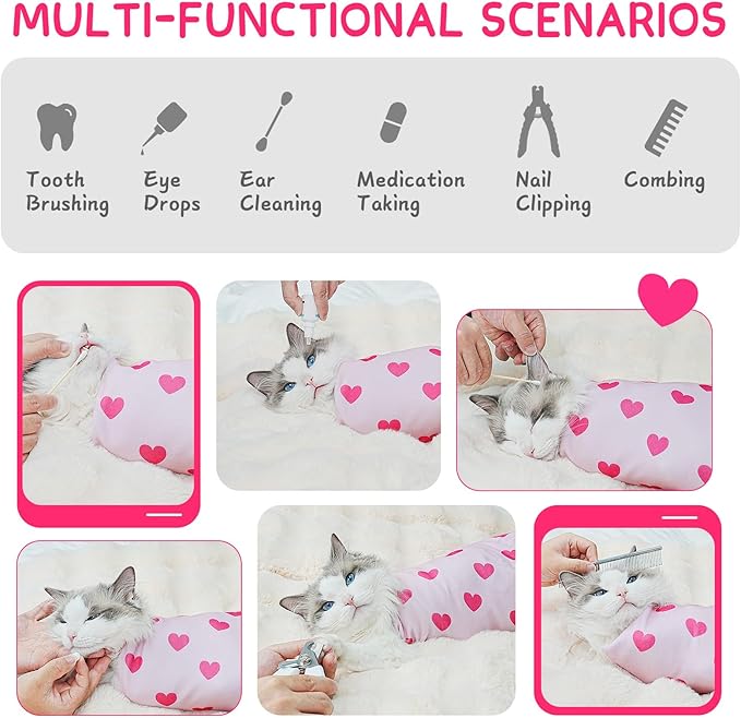 Cat Wrap for Cutting Nails, Self-Adhesive for Grooming, Anti-Scratch Cat Swaddle Wrap for Medicine, Nail Clipping, Teeth Brushing, Ear Cleaning
