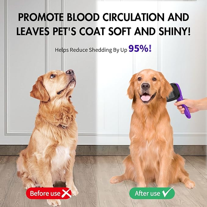 3 PCS Dog Grooming Brush Kit – Self Cleaning Slicker Brush for Shedding Short & Long Haired Dogs & Cats. Removes Loose Fur, Undercoat, Mats, Tangles for Small, Medium & Large Pets. Purple