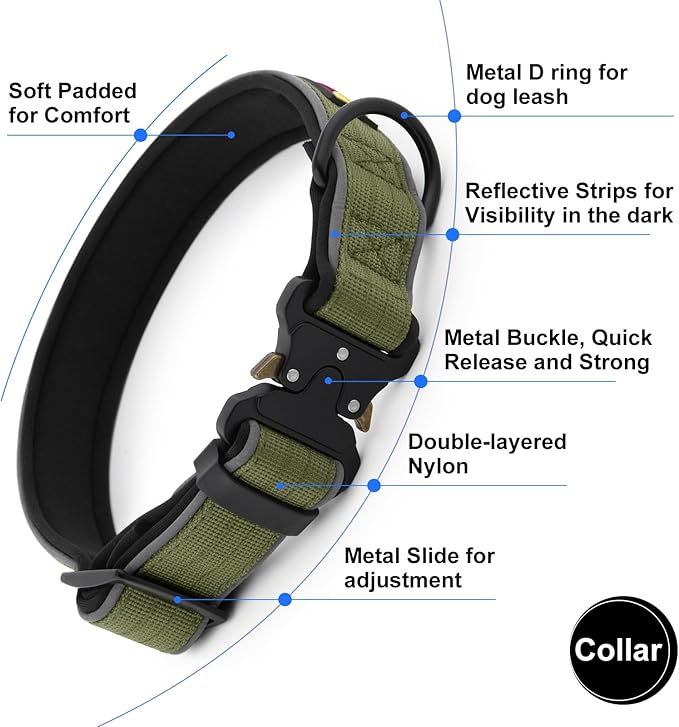 Plutus Pet Tactical Dog Collar, Reflective, Adjustable Heavy Duty Dog Collar, Soft Padded and Comfortable, for Small Medium and Large Dogs (Ranger Green, L)