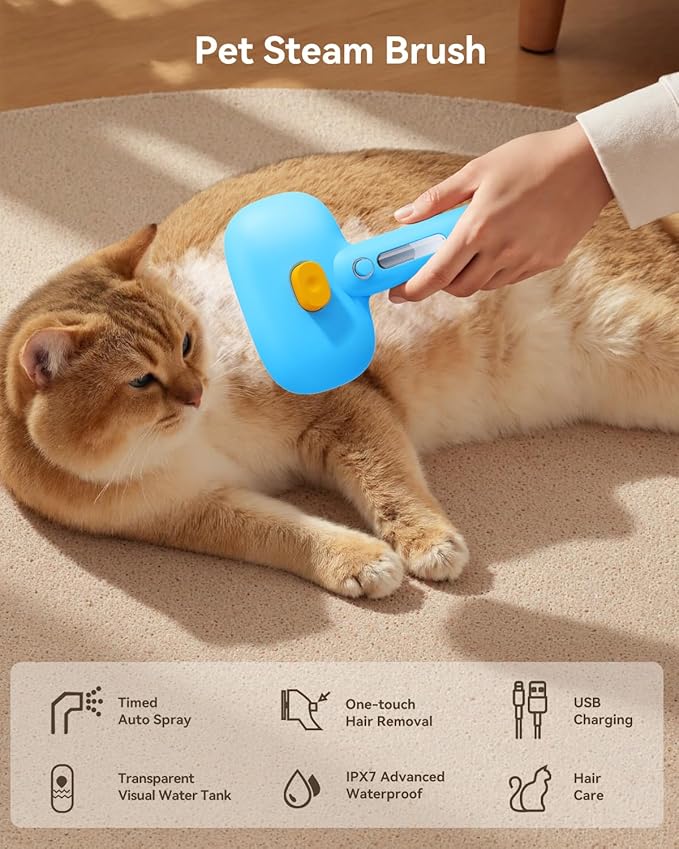 ROJECO 3-in-1 Pet Steam Brush for Cats&Dogs - Detangling Comb with Adjustable Mist, Handheld Deshedding Grooming Tool for Long/Short Hair, Massage Brush & Shedding Control Gift,Cordless (Blue)