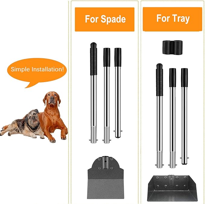 Dog Pooper Scooper, Metal Tray & Spade with 38.2" Long Handle | Large Dog Poop Scooper: 9.5x9x3.1in Tray, 7.7x6in Spade, No-bend Pickup, Yard and Kennel, Tool-free Setup
