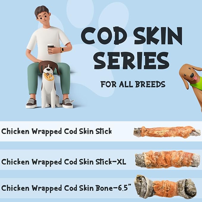 ASMPET Dog Treats Chews, Chicken Wrapped Cod Skin Sticks, Rawhide Free Cod Skin Treats for Dogs, 10.6 oz