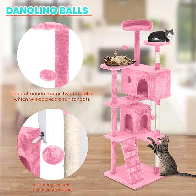 FDW Cat Tree 70in Cat Tower Multi-Level Durable Cat Scratching Post & Cozy Fun Cat Jumping Platform Space Saving Cat Condo Pet Play House for Indoor Cats,Pink